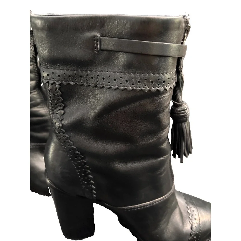 Tory Burch Black Leather Huxley Tassel Ankle Boots Block Heel Women Size 8